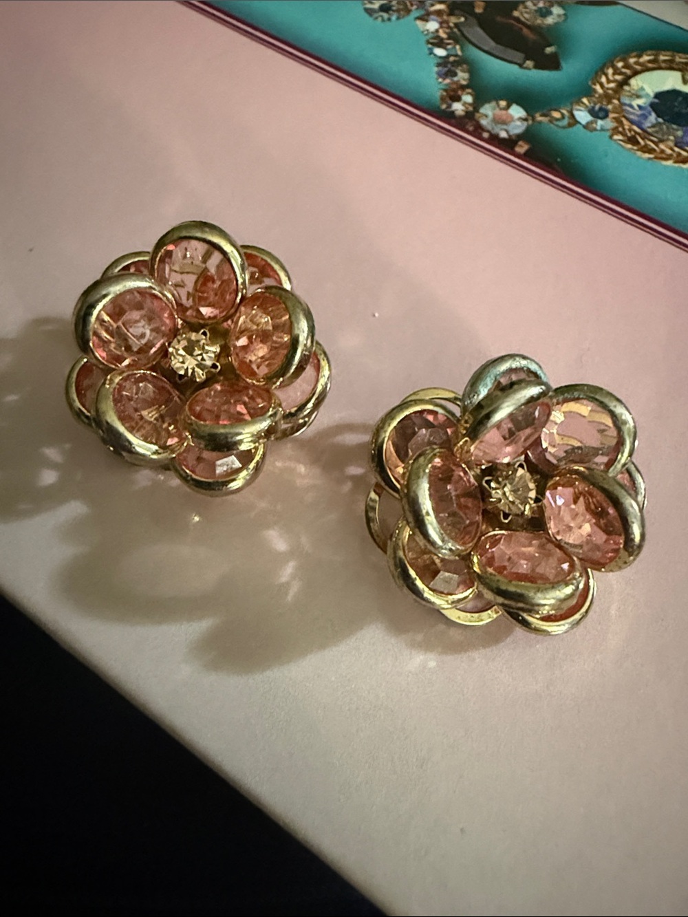 Vintage Pastel Pink and Goldtone Flower Clip on Earrings
